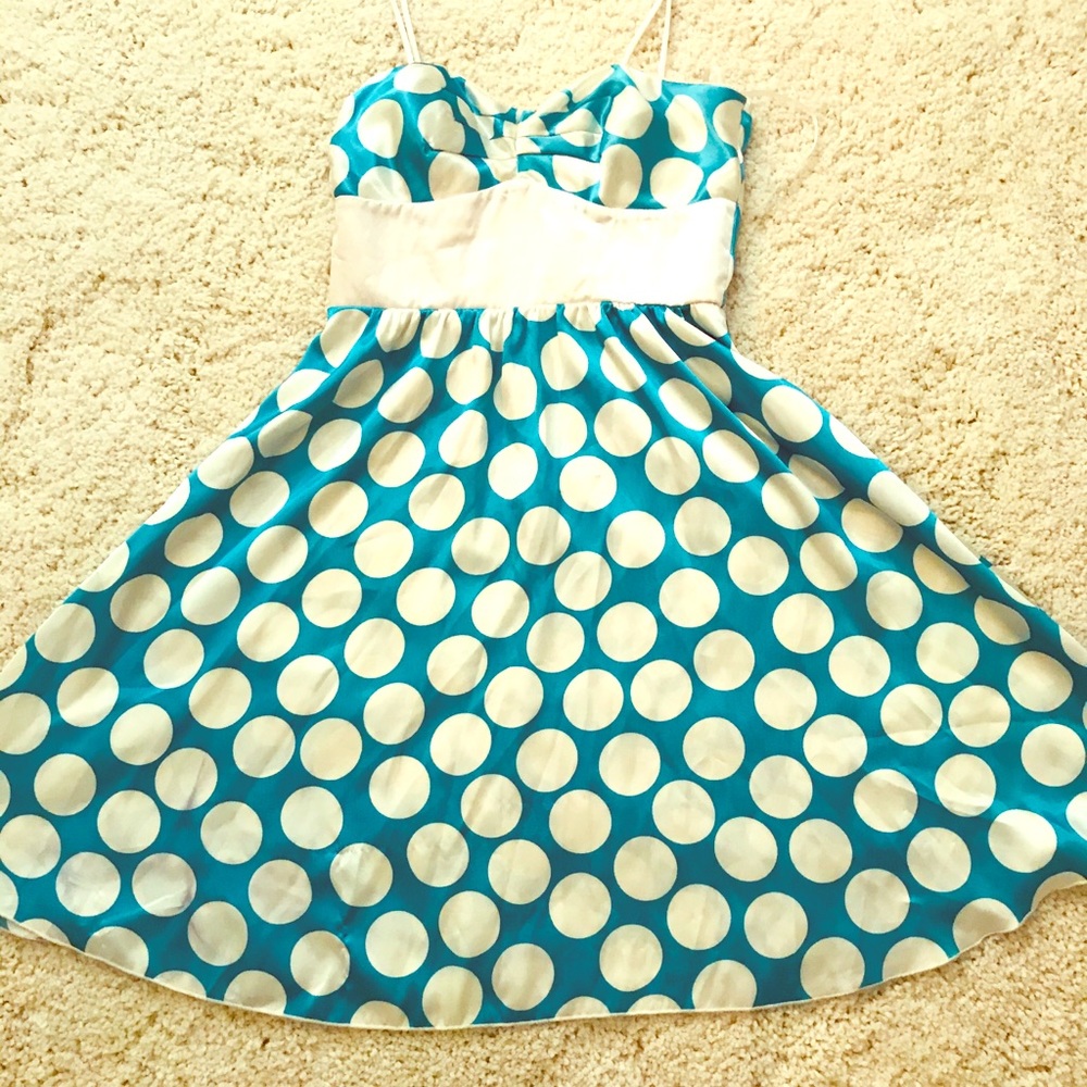 Blue & White polka dot mini dress.